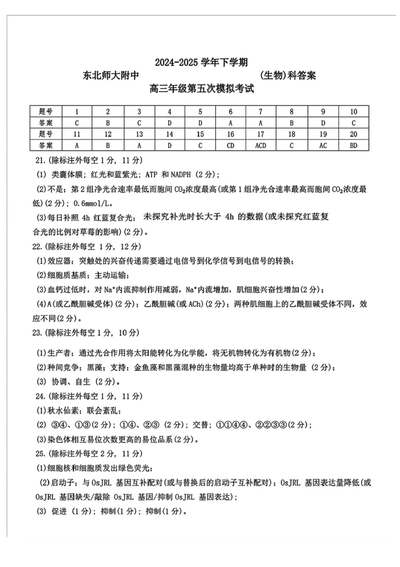 2025届吉林省长春市东北师范大学附属中学高三下学期第五次模拟考试生物试题（含答案）_2025年5月_2505312025届吉林省长春市东北师范大学附属中学高三下学期第五次模拟考试（全科）