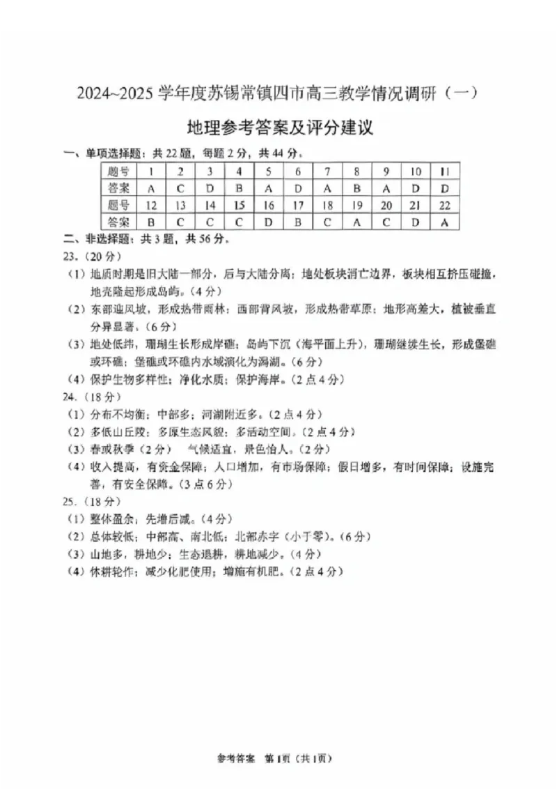 2025届江苏省苏锡常镇四市高三下学期教学情况调（一）（一模）地理+答案_2025年3月_2503202025届江苏省苏锡常镇四市高三下学期教学情况调（一）（一模）（全科）