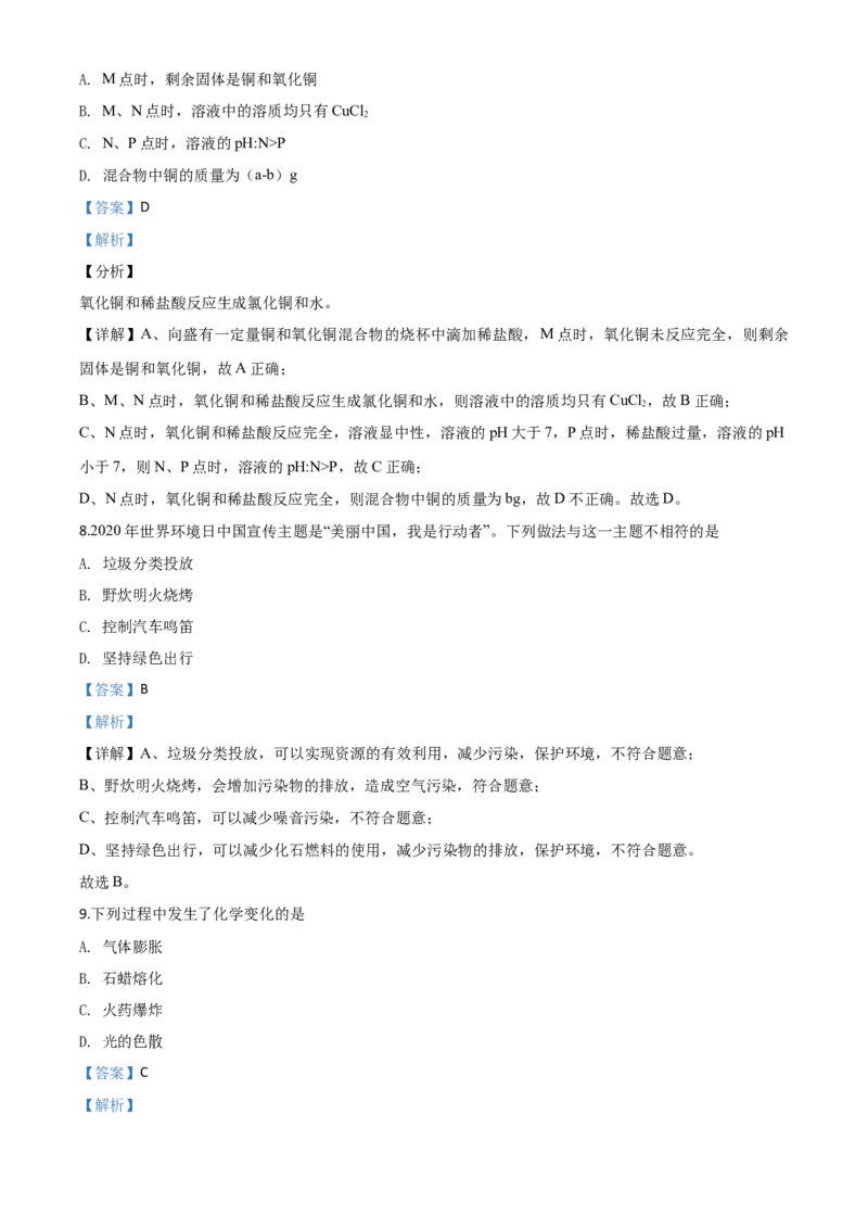 精品解析：河北省2020年中考化学试题（解析版）_中考真题_5.化学中考真题2015-2024年_2020中考化学真题（113份）_2020年中考真题精品解析化学（河北卷）精编word版