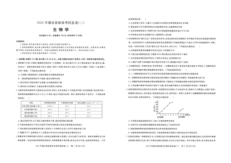 2025年湖北省新高考信息卷（二）生物_2025年5月_2505142025年湖北省新高考信息卷（二）（全科）