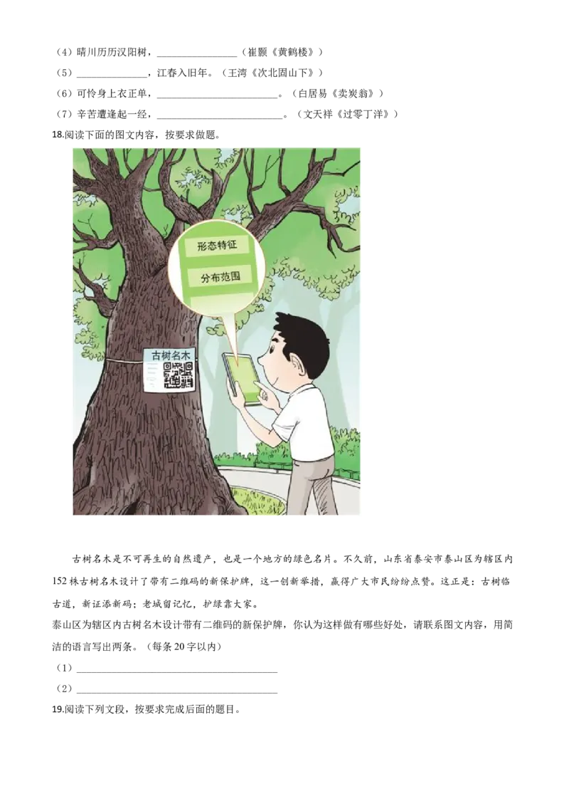 精品解析：山东省泰安市2020年中考语文试题（原卷版）_中考真题_1.语文中考真题2015-2024年_2020全国多省多地中考语文真题96份_语文真题2020