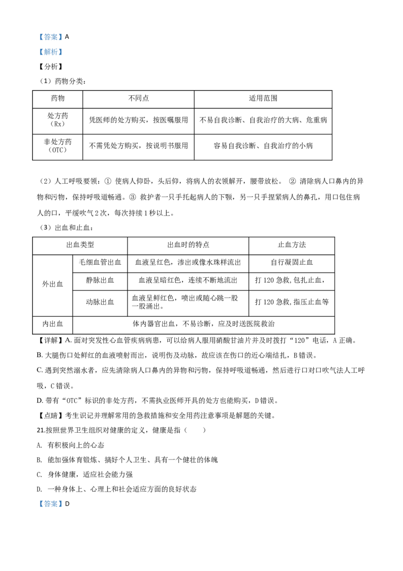 精品解析：四川省雅安市2020年中考生物试题（解析版）_中考真题_8.生物中考真题2015-2024年_2020生物真题74份_2020年中考真题精品解析生物(四川雅安卷)精编word版