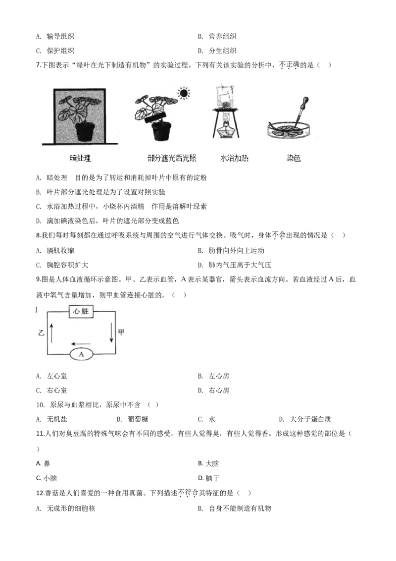 精品解析：河南省2020年中考生物试题（原卷版）_中考真题_8.生物中考真题2015-2024年_2020生物真题74份_2020年中考真题精品解析生物（河南卷）精编word版