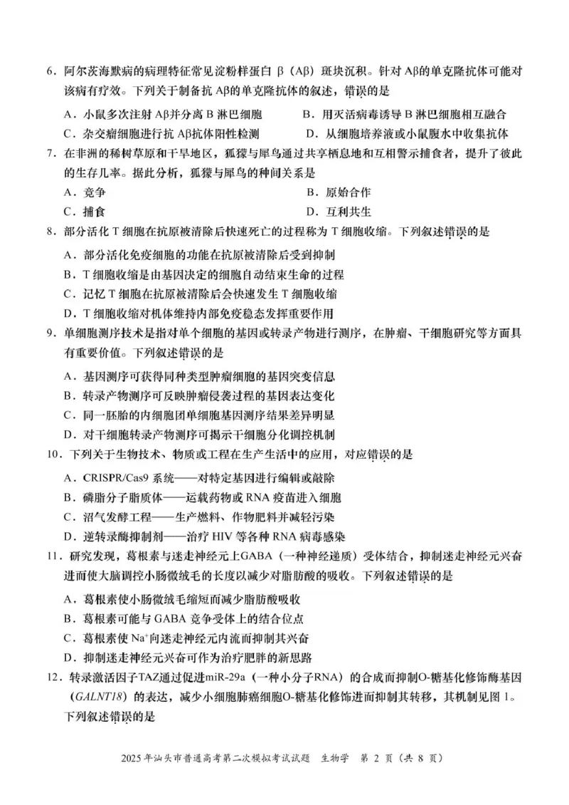 2025届广东省汕头市高三下学期普通高考第二次模拟考试生物学试题_2025年4月_250428广东省汕头二模2025届高三第二次模拟考试（全科）