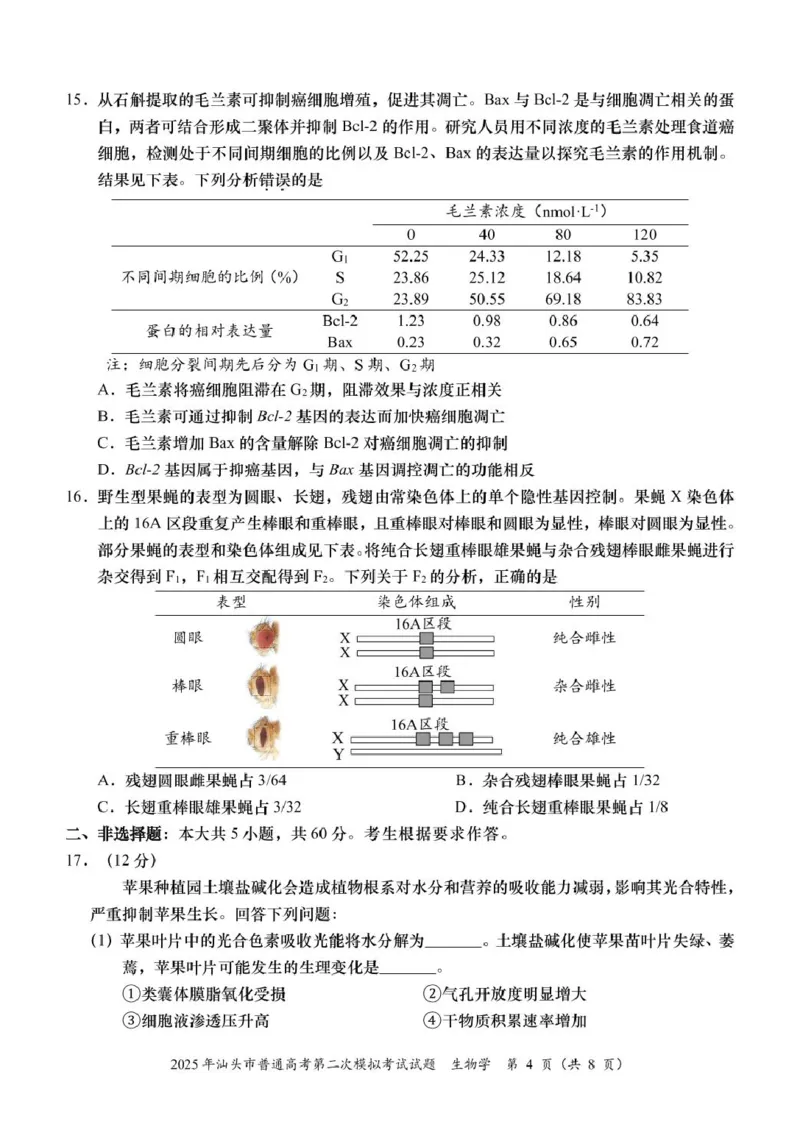 2025届广东省汕头市高三下学期普通高考第二次模拟考试生物学试题_2025年4月_250428广东省汕头二模2025届高三第二次模拟考试（全科）