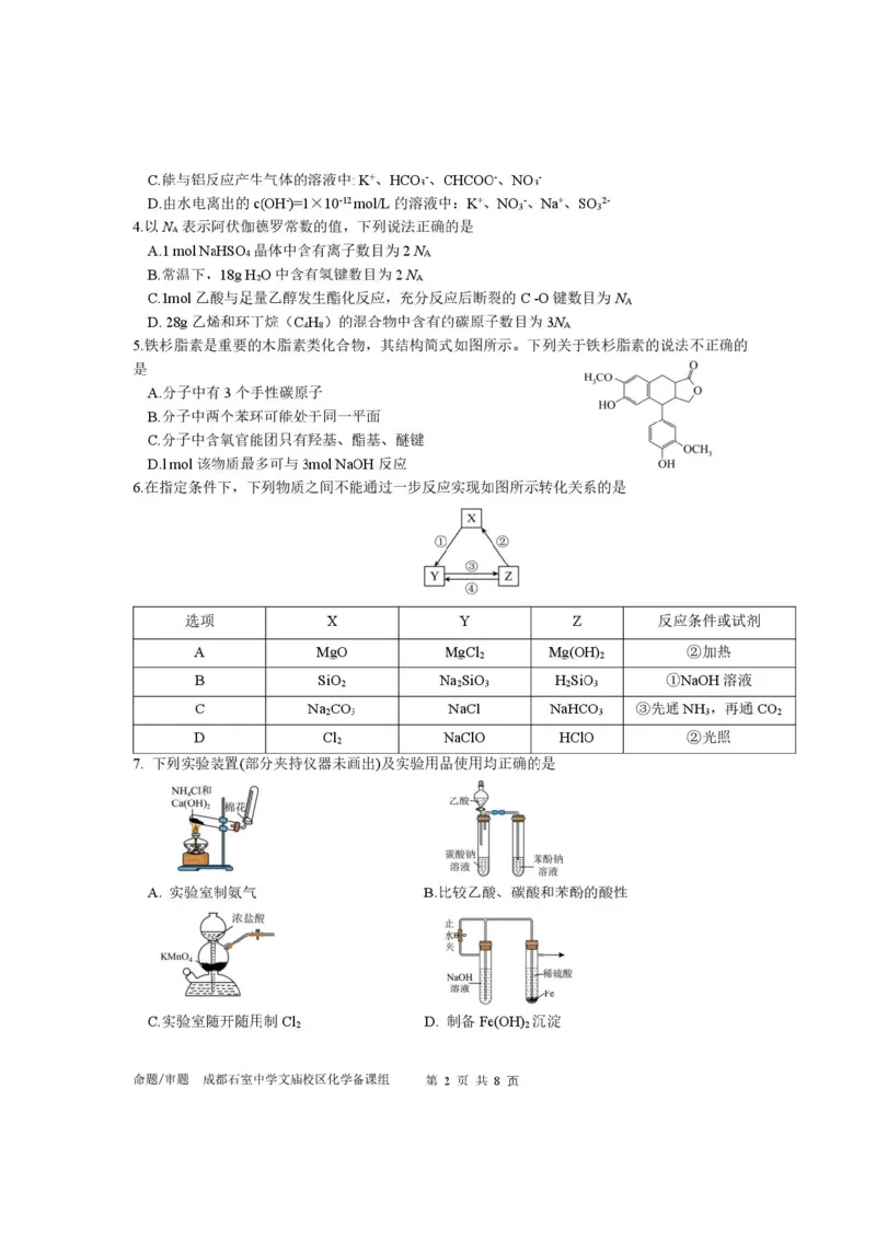 四川省成都市石室中学2025-2026学年高三上学期10月月考+化学_2025年10月_251016四川省成都市石室中学2025-2026学年高三上学期10月月考（全科）