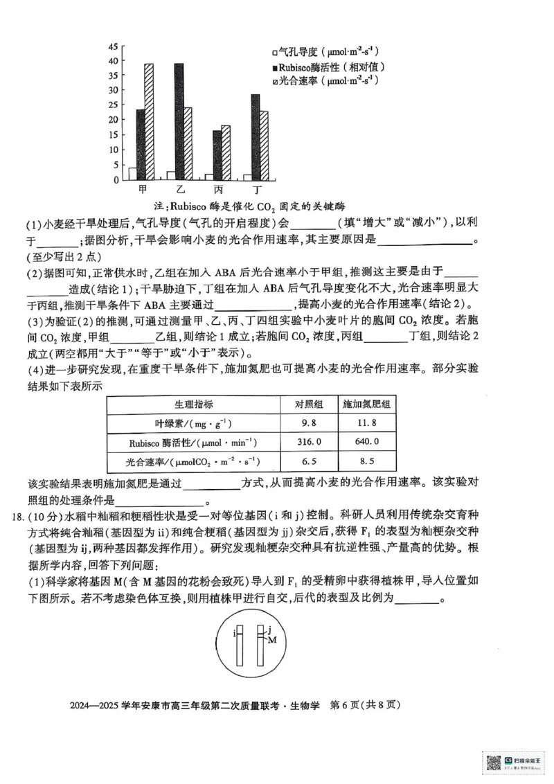 陕西省安康市2025届高三下学期第二次质量联考（二模）生物试题（含答案)_2025年3月_250304陕西省安康市2025届高三下学期第二次质量联考（二模）（全科）