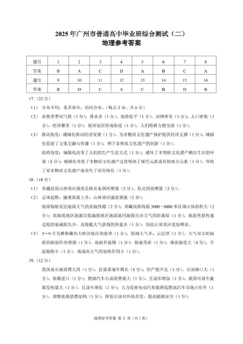 广东省广州市2025届普通高中毕业班综合测试（二）地理试题（含答案）_2025年4月_250424广东省广州市普通高中毕业班2025年综合测试(二)（全科）