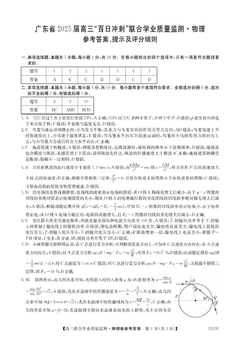 广东省2025届高三下学期&ldquo;百日冲刺&rdquo;联合学业质量监测物理试题+答案_2025年2月_250222广东省2025届高三下学期&ldquo;百日冲刺&rdquo;联合学业质量监测（全科）