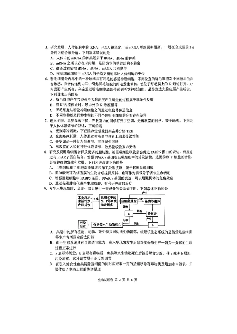 湖南省株洲市2025届高三上学期教学质量统一检测生物_2025年1月_250111湖南省株洲市2025届高三上学期教学质量统一检测（株洲一模）