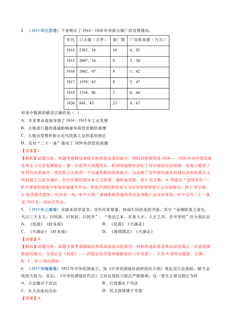 专题06辛亥革命与中华民国的建立（教师卷）_近10年高考真题汇编（必刷）_十年（2014-2024）高考历史真题分项汇编（全国通用）