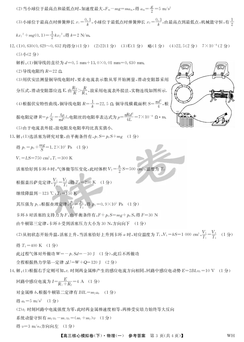 湖北省2025届九师联盟核心模拟卷（下）（样卷）物理答案_2025年4月_2504022025届九师联盟核心模拟卷（下）（一）（样卷）（全科）