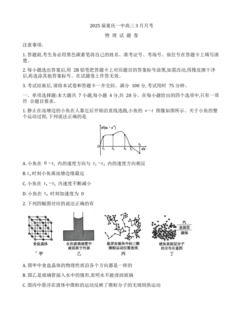 重庆市第一中学校2024-2025学年高三下学期3月月考物理试题_2025年3月_250318重庆市第一中学校2024-2025学年高三下学期3月月考
