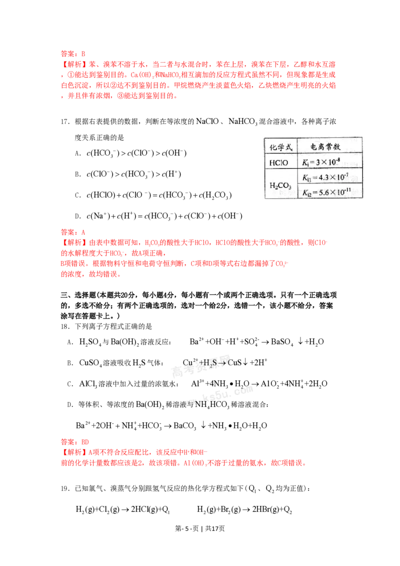 2009年高考化学试卷（上海）（解析卷）_化学历年高考真题_新&middot;PDF版2008-2025&middot;高考化学真题_化学（按年份分类）2008-2025_2009&middot;高考化学真题
