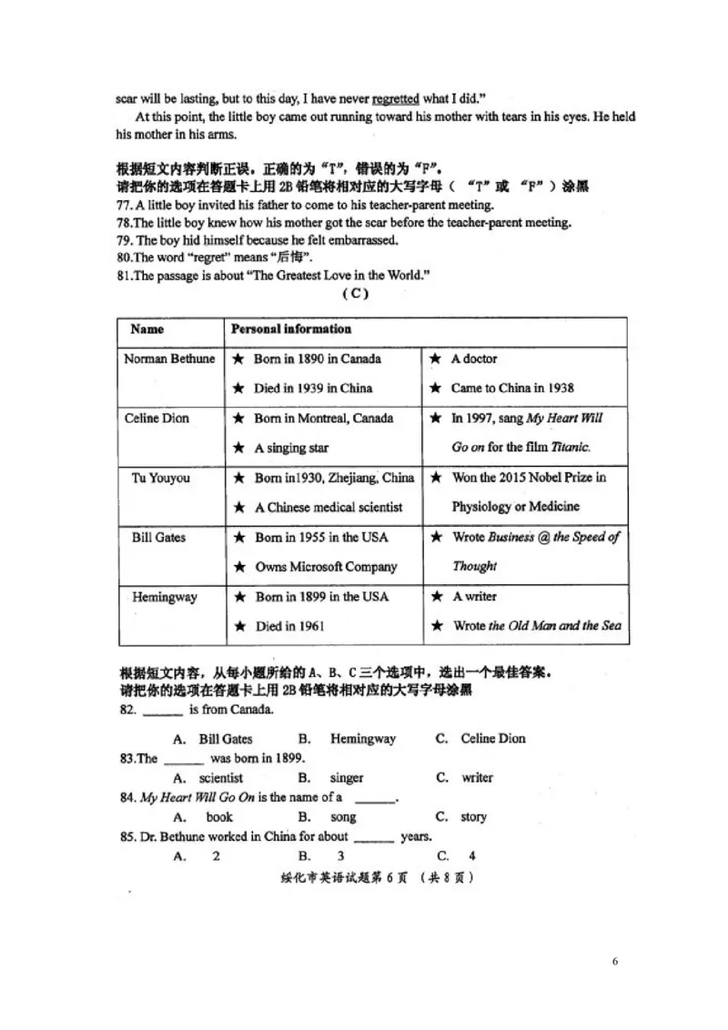 黑龙江省绥化市2016年中考英语真题试题（扫描版，含答案）_中考真题_3.英语中考真题2015-2024年_2016年全国中考YINGYU99份