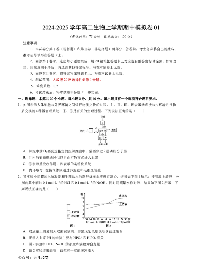 高二生物期中模拟卷01测试范围：人教版2019选必1全册（考试版A4）（新高考专用）(1)_1多考区联考_1014高二期中模拟卷（新高考通用）黄金卷：2024-2025学年高二上学期期中模拟考试