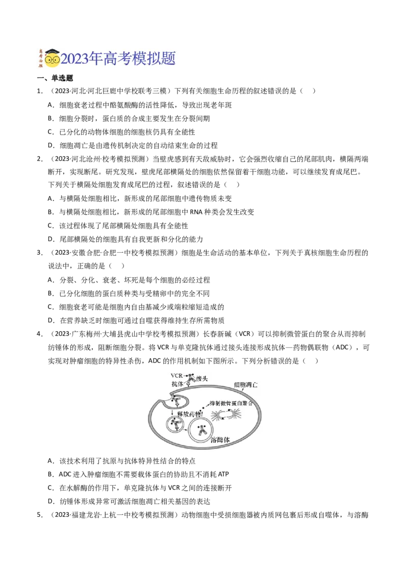 专题05细胞的生命历程（学生卷）_近10年高考真题汇编（必刷）_十年（2014-2024）高考生物真题分项汇编（全国通用）_2023年高考真题和模拟题生物分项汇编（全国通用）
