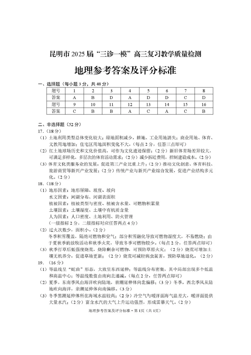 地理答案sy_2025年3月_250328云南省昆明市2025届&ldquo;三诊一模&rdquo;高三复习教学质量检测（全科）_云南省昆明市2025届&ldquo;三诊一模&rdquo;高三复习教学质量检测地理