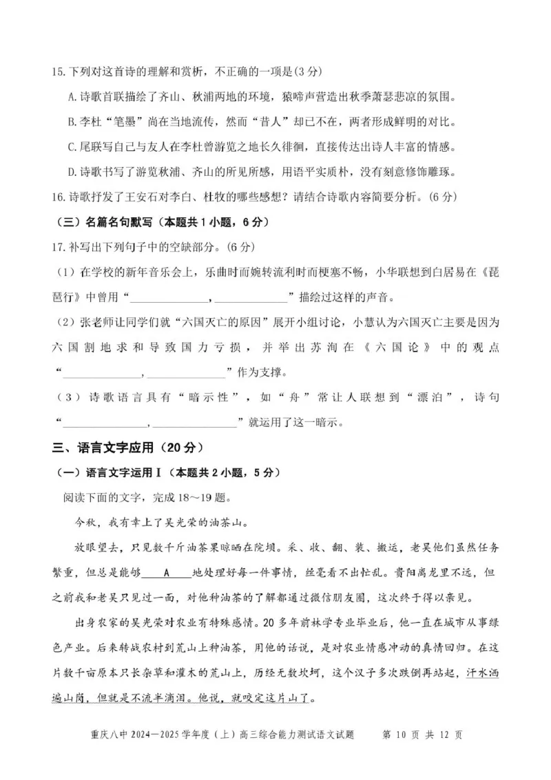 重庆八中2024&mdash;2025学年度（上）高三综合能力测试语文试卷_2025年1月_250108重庆市第八中学2025届高三上学期1月综合能力测试（期末）（全科）