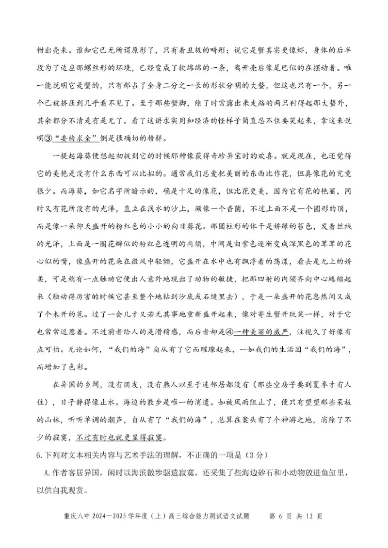 重庆八中2024&mdash;2025学年度（上）高三综合能力测试语文试卷_2025年1月_250108重庆市第八中学2025届高三上学期1月综合能力测试（期末）（全科）