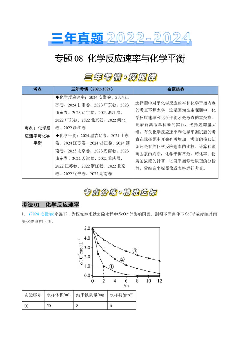 专题08化学反应速率与化学平衡-三年（2022-2024）高考化学真题分类汇编（全国通用）（学生卷）_近10年高考真题汇编（必刷）_十年（2014-2024）高考化学真题分项汇编（全国通用）