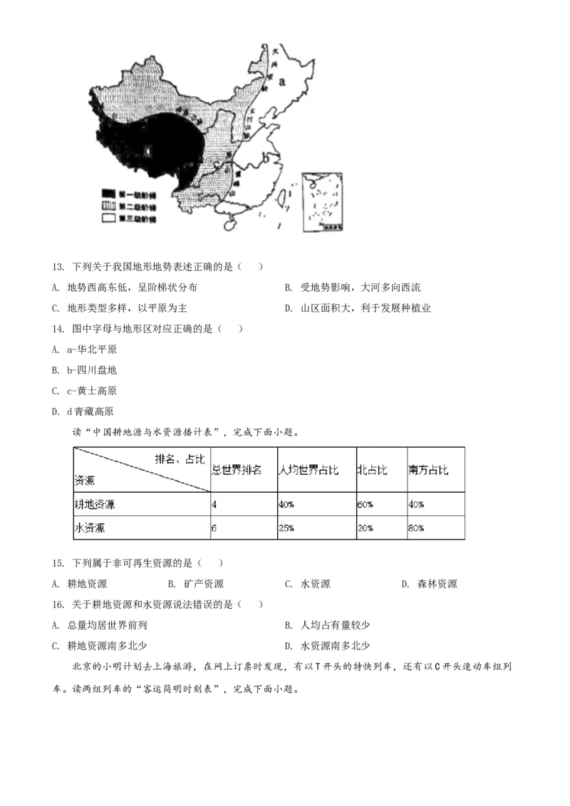 陕西省2020年中考地理试题（学生版）_中考真题_9.地理中考真题2015-2024年_地区卷_陕西地理19-23（陕西省统一试卷）