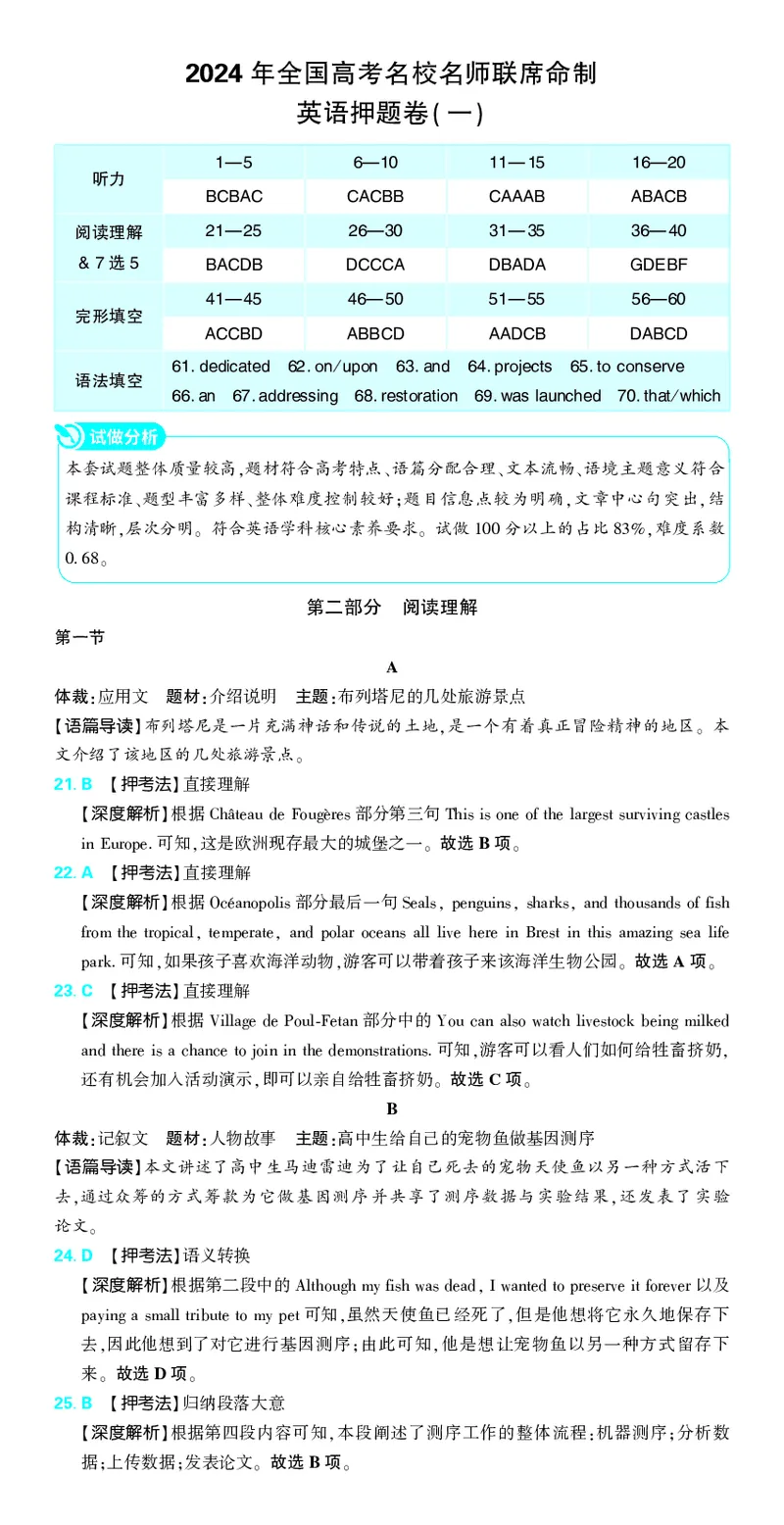 1_2024高考押题卷_42024理想树全系列_2024（理想树）系列_（全国版）2024《高考必刷卷&middot;押题卷》英语_2024高考必刷卷押题卷英语全国版图书答案