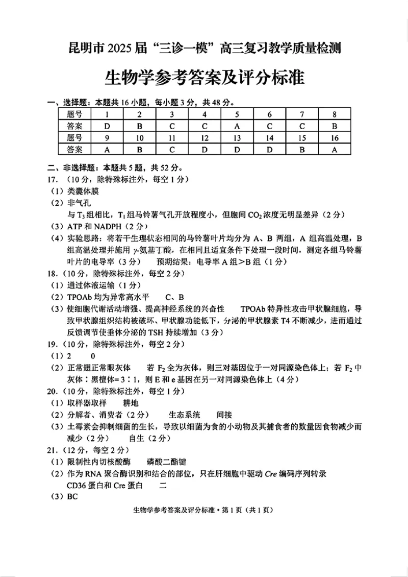 扫描件_生物学参考答案及评分标准_2025年3月_250328云南省昆明市2025届&ldquo;三诊一模&rdquo;高三复习教学质量检测（全科）_云南省昆明市2025届&ldquo;三诊一模&rdquo;高三复习教学质量检测生物