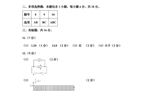 山西太原2024-2025学年高三期末学业诊断物理答案_2025年1月_250121山西太原2024-2025学年高三期末学业诊断（全科）