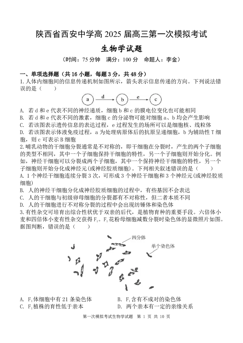 陕西省西安中学2025届高三下学期第一次模拟考试生物_2025年2月_250211陕西省西安中学2025届高三下学期第一次模拟考试试题（全科）
