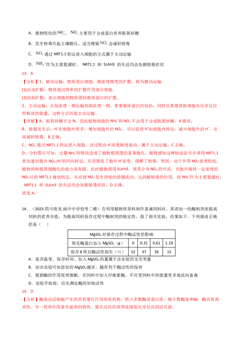 专题02物质进出细胞、酶和ATP（解析卷）_近10年高考真题汇编（必刷）_十年（2014-2024）高考生物真题分项汇编（全国通用）_2023年高考真题和模拟题生物分项汇编（全国通用）