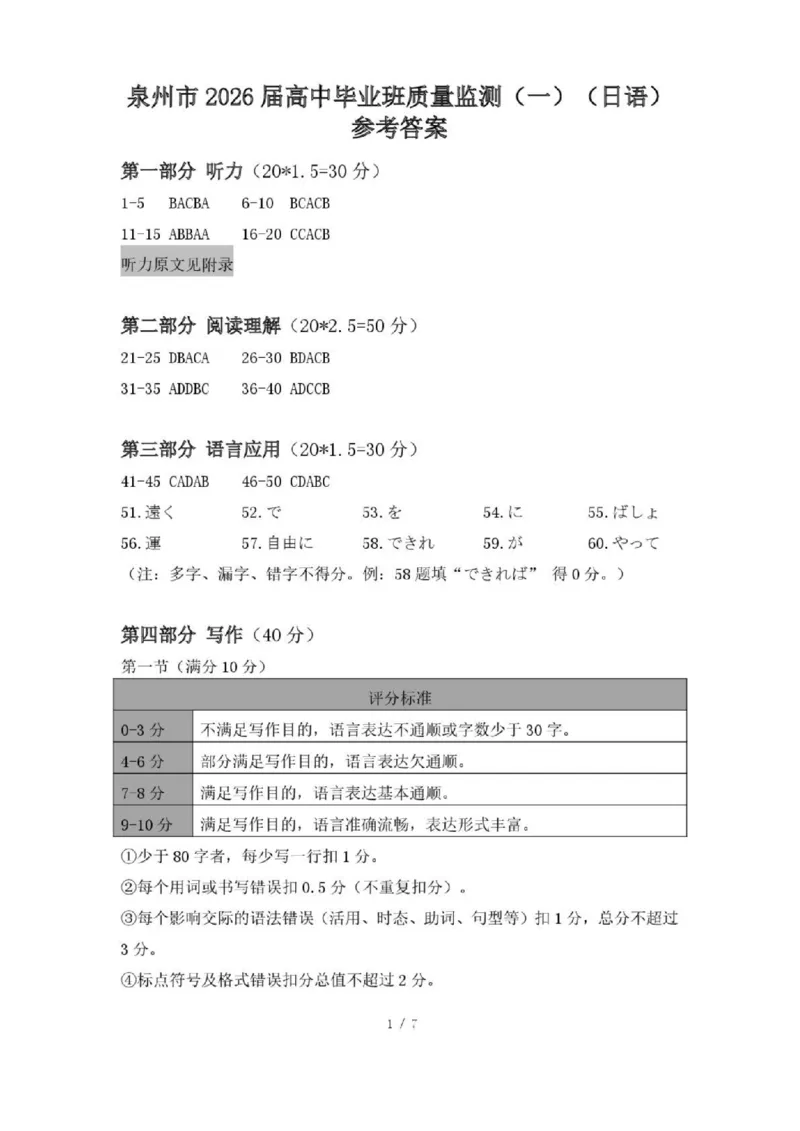 日语试卷答案_2025年9月_250917福建省泉州市2026届高三上学期质量监测（一）（全科）_福建省泉州市2026届高三上学期质量监测（一）日语