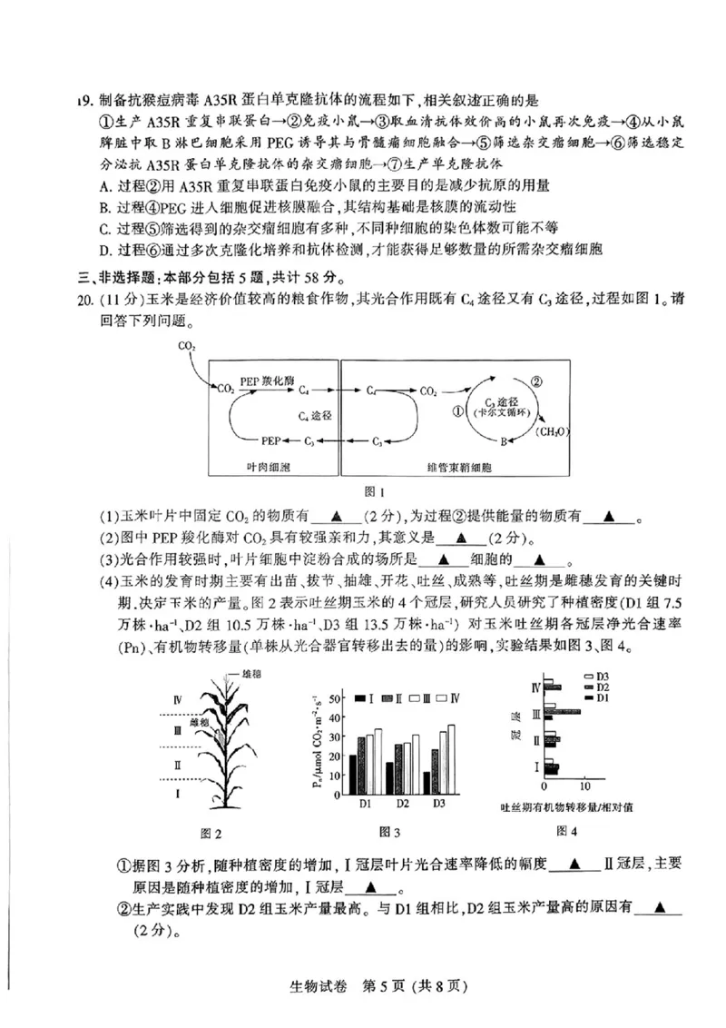 江苏省南通市2024-2025学年高三上学期第一次调研测试生物+答案_2025年1月_250118江苏省南通市2024-2025学年高三上学期一模（南通+泰州+镇江+盐城部分学校）（全科）