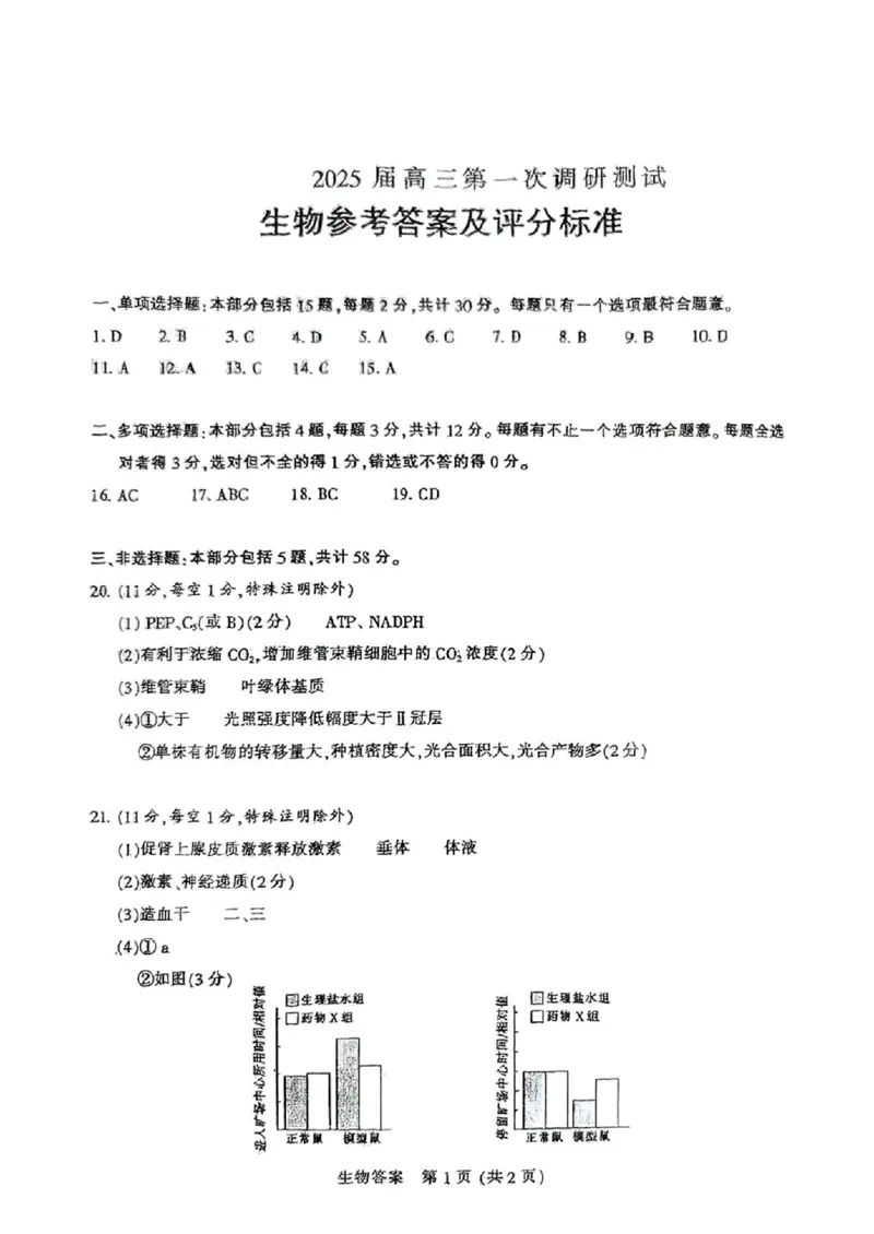 江苏省南通市2024-2025学年高三上学期第一次调研测试生物+答案_2025年1月_250118江苏省南通市2024-2025学年高三上学期一模（南通+泰州+镇江+盐城部分学校）（全科）