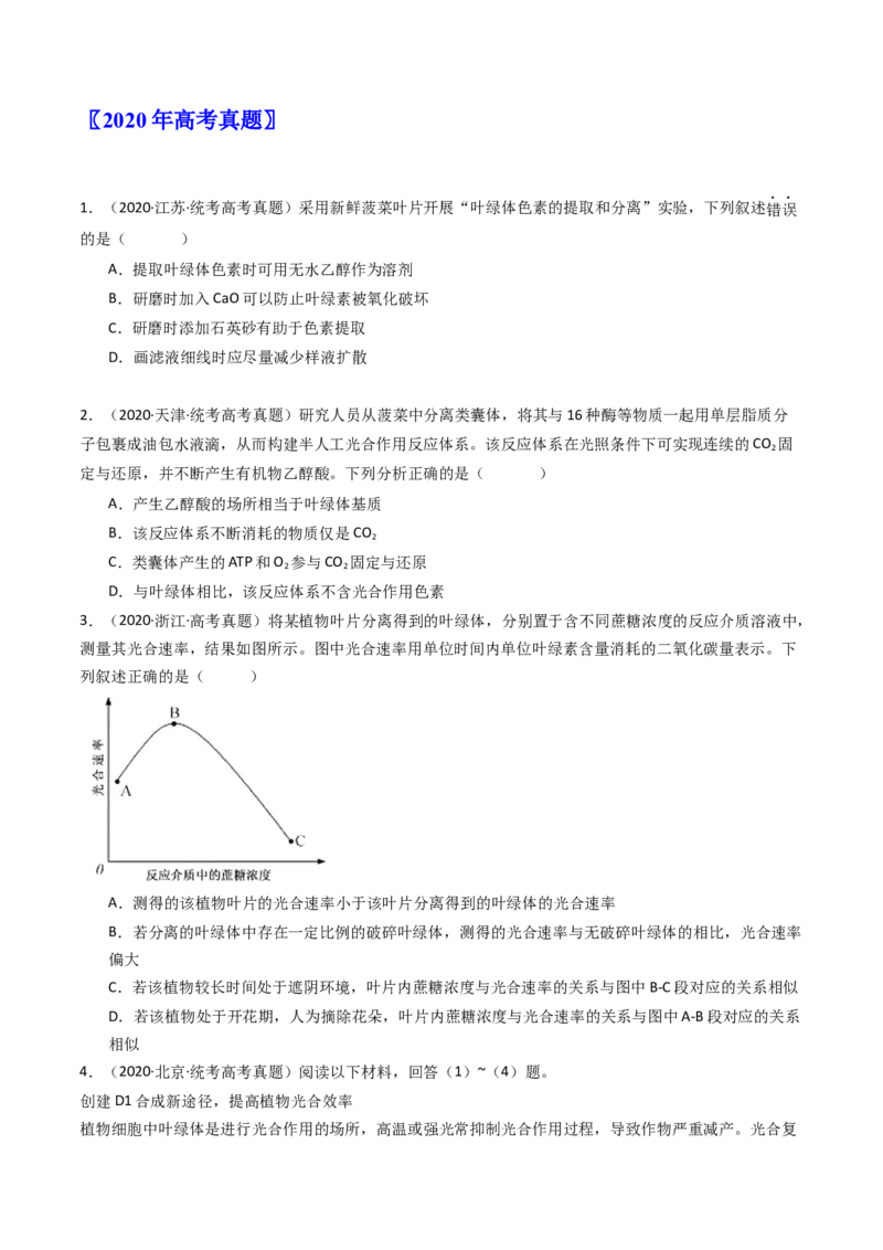 专题06光合作用（原卷卷）_近10年高考真题汇编（必刷）_十年（2014-2024）高考生物真题分项汇编（全国通用）_十年（2014-2023）高考生物真题分项汇编（全国通用）