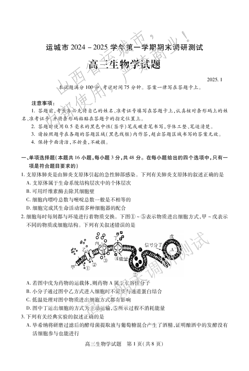 高三生物_2025年1月_2501162025运城市高三第一学期期末调研测试（全科）_生物