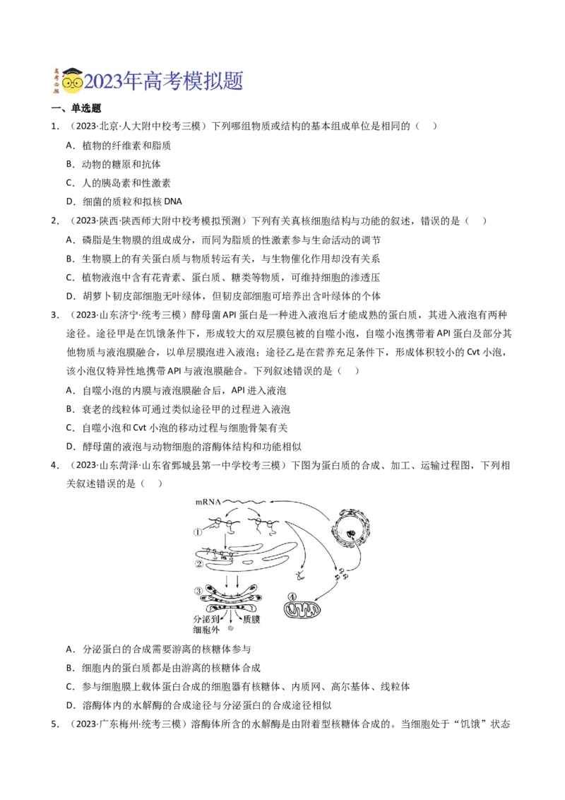 专题01细胞的结构与分子组成（学生卷）_近10年高考真题汇编（必刷）_十年（2014-2024）高考生物真题分项汇编（全国通用）_2023年高考真题和模拟题生物分项汇编（全国通用）