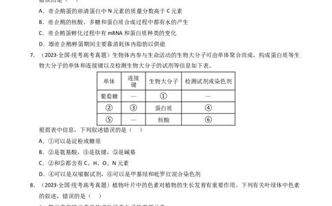 专题01细胞的结构与分子组成（学生卷）_近10年高考真题汇编（必刷）_十年（2014-2024）高考生物真题分项汇编（全国通用）_2023年高考真题和模拟题生物分项汇编（全国通用）