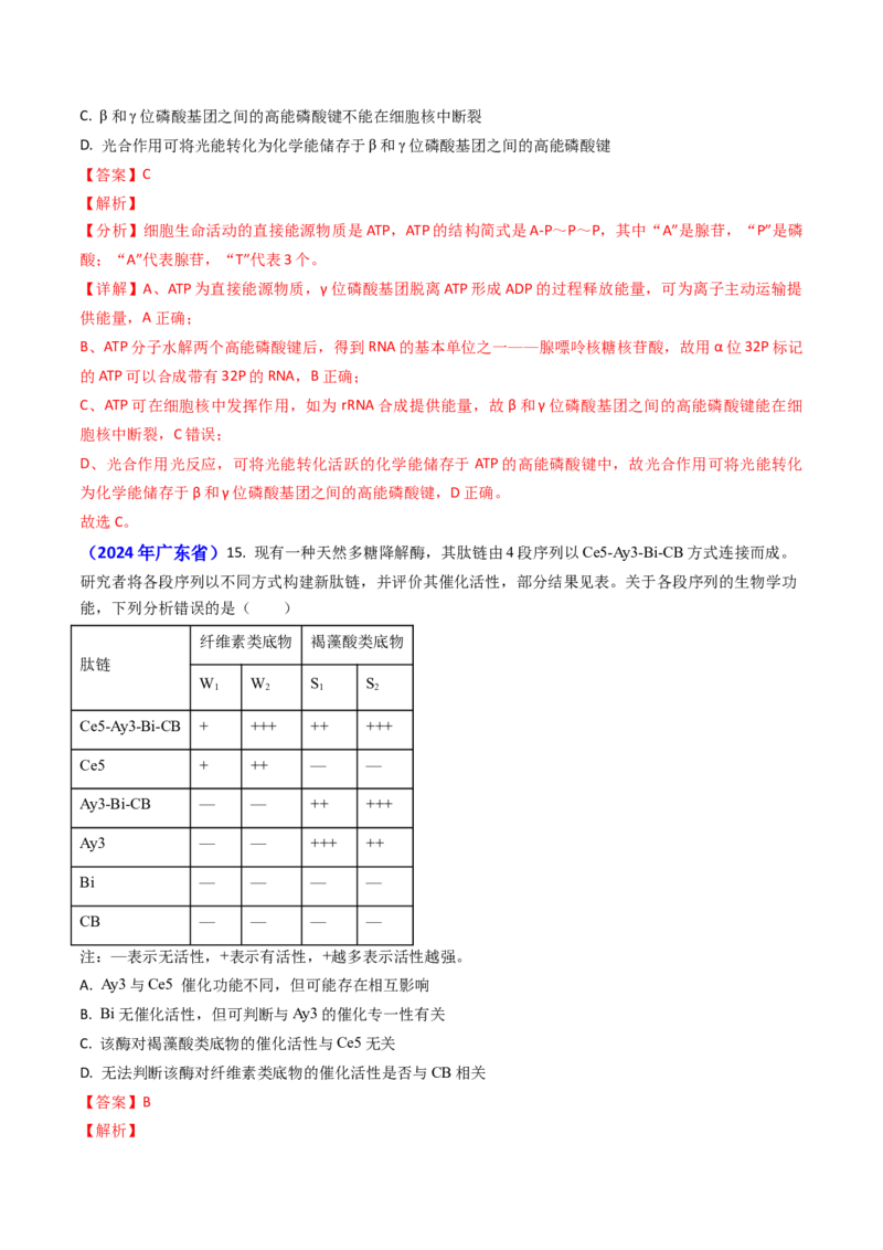 专题04ATP和酶2024年高考真题和模拟题生物分类汇编（教师卷）_近10年高考真题汇编（必刷）_十年（2014-2024）高考生物真题分项汇编（全国通用）