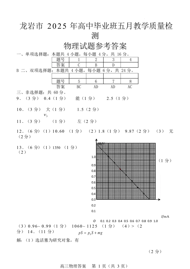 福建省龙岩市2025年高中毕业班五月教学质量检测物理答案_2025年5月_250510福建省龙岩市2025年高中毕业班五月教学质量检测（全科）