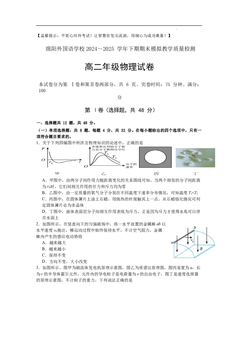 四川省绵阳外国语学校2024-2025学年高二下学期期末模拟考试物理试题_2025年6月_250630四川省绵阳外国语学校2024-2025学年高二下学期期末模拟考试试题