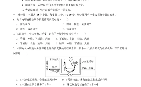 高二生物第一次月考卷多选题版测试范围：人教版2019选择性必修1第1章~第2章（考试版）_1多考区联考试卷_2510142025-2026学年高二生物上学期第一次月考试题