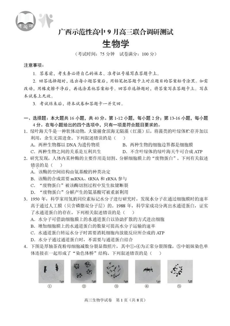 广西示范性高中2026届高三上学期9月联合调研测试生物试卷（含解析）_2025年9月_250928考阅评广西示范性高中2025-2026学年高三上学期9月联合调研测试（全科）
