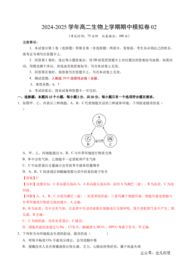 高二生物期中模拟卷02（全解全析）（新高考通用）(1)_1多考区联考_1014高二期中模拟卷（新高考通用）黄金卷：2024-2025学年高二上学期期中模拟考试