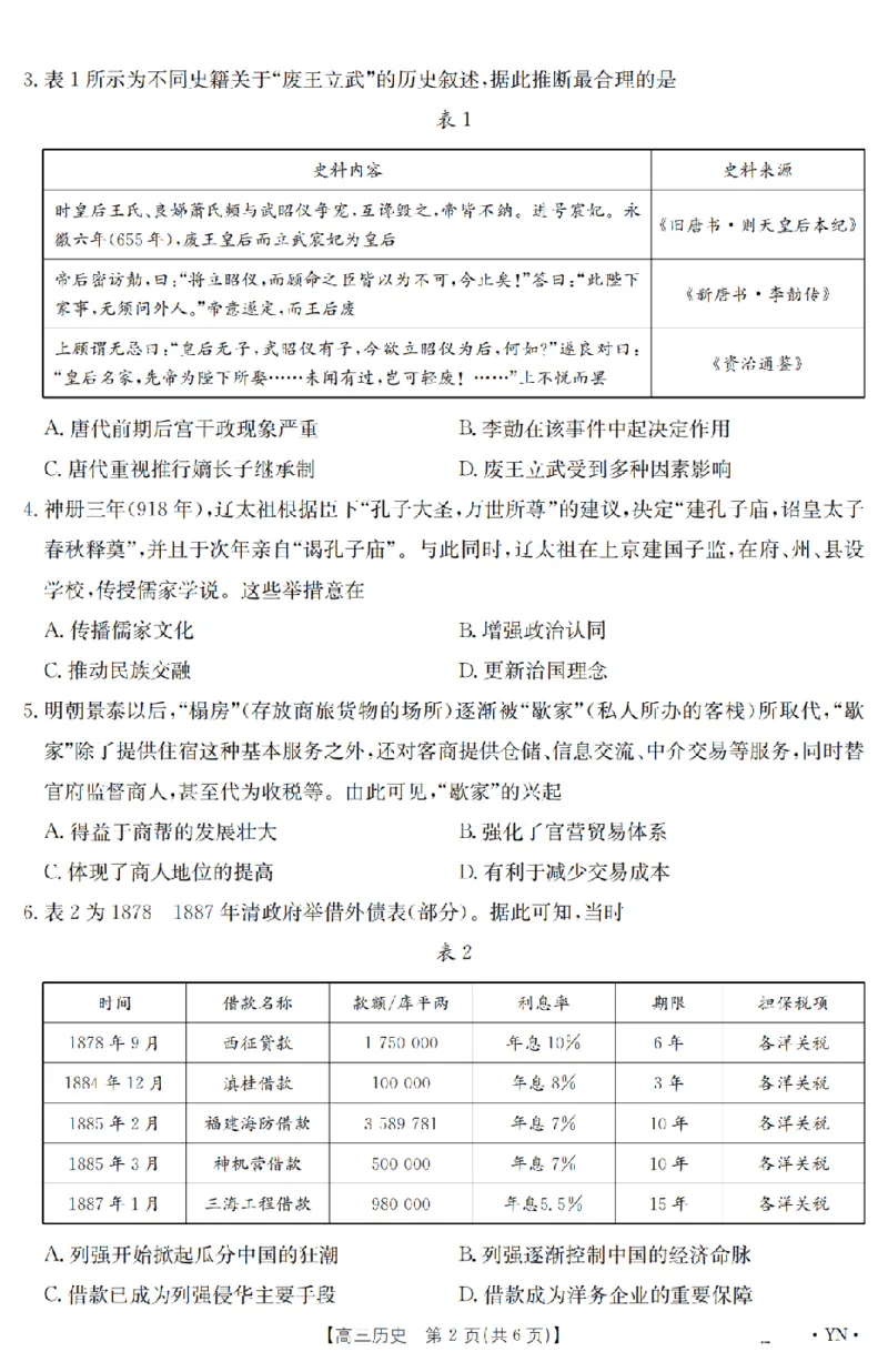 金太阳25-4001C云南省2025届高三下学期3月百万大联考历史_2025年3月_250327云南省金太阳2025届高三下学期3月百万大联考（25-4001C）（全科）