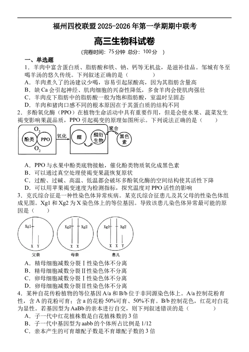 福建省福州市四校联盟2025-2026学年高三上学期期中联考生物试题_2025年11月_251123福建省福州市四校联盟2025-2026学年高三上学期期中联考（全科）