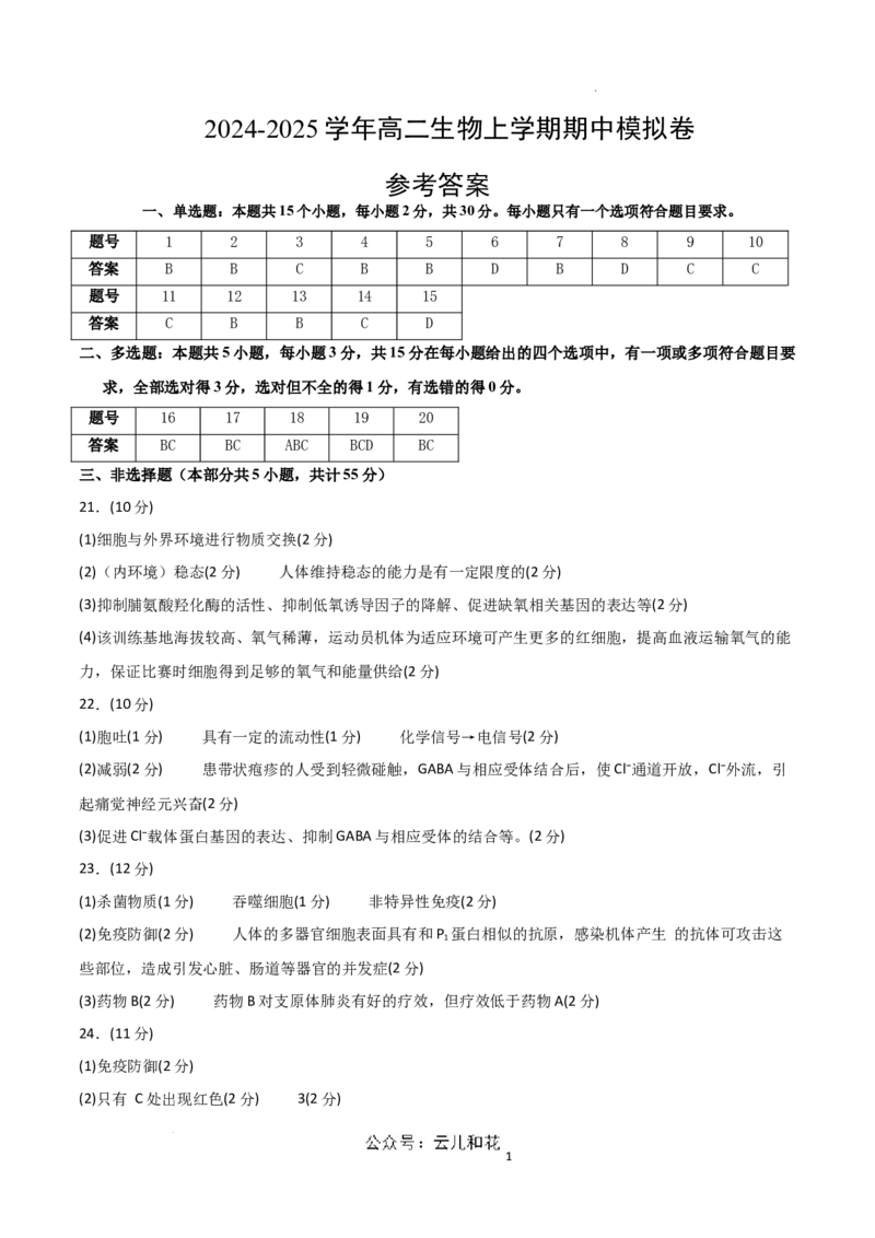 高二生物期中模拟卷（参考答案）（新八省通用）(1)_1多考区联考_1014高二期中模拟卷（新八省专用）黄金卷：2024-2025学年高二上学期期中模拟考试