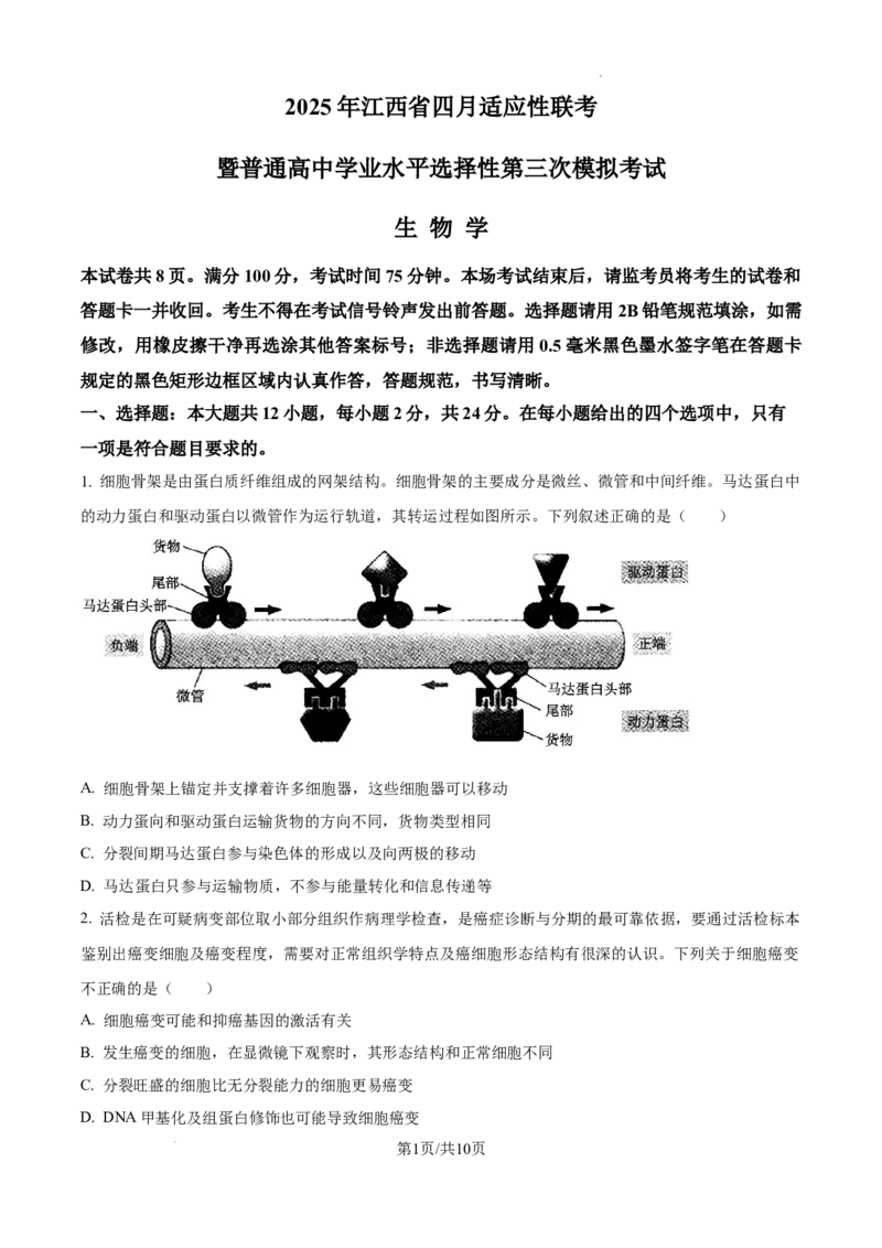 精品解析：2025届江西省高三4月适应性统考生物学试卷（原卷版）_2025年5月_2505272025年江西省普通高等学校招生统一考试模拟演练科试题卷