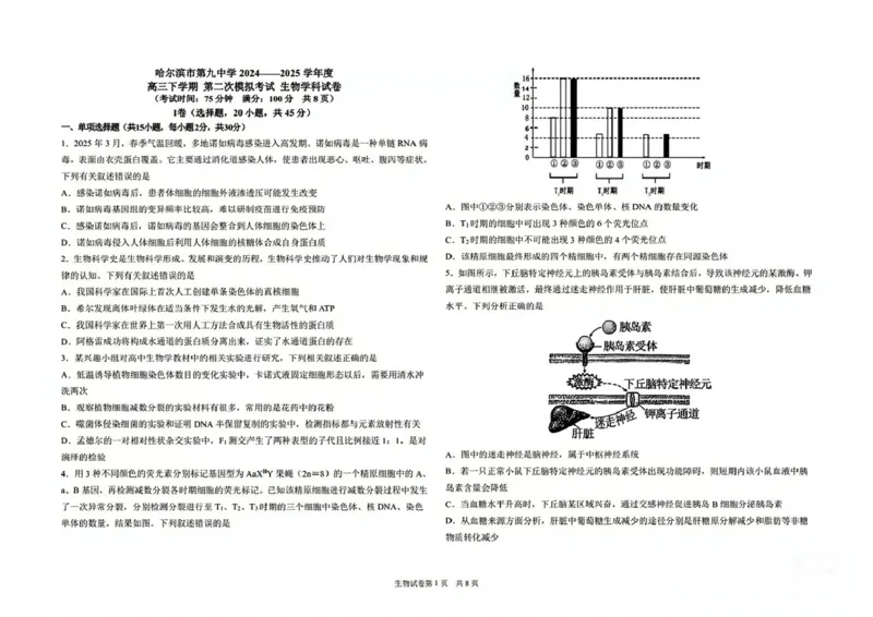 黑龙江省哈尔滨市第九中学校2024-2025学年高三下学期第二次模拟考试生物学科试卷（无答案）_2025年4月_250404哈尔滨市第九中学校2025届高三下学期第二次模拟考试（全科）
