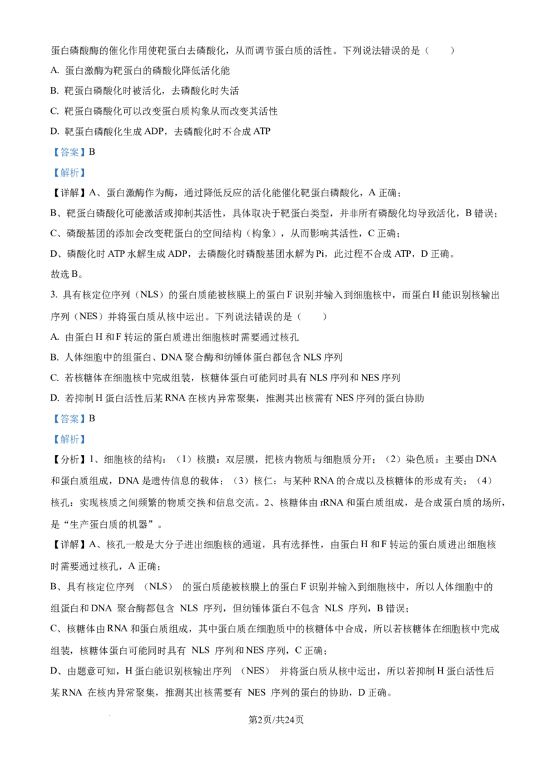 精品解析：山东省实验中学2025&mdash;2026学年高三上学期第一次诊断性考试生物试题（解析版）_2025年10月_251016山东省实验中学2026届高三第一次诊断性考试（10月）